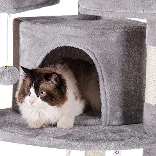 Heybly Cat Tree Large Cat Tower for Indoor Cats,Multi-Level Cat Furniture Condo for Cats with 3 Padded Plush Perch, Cozy Basket and Scratching Board HCT024W 8
