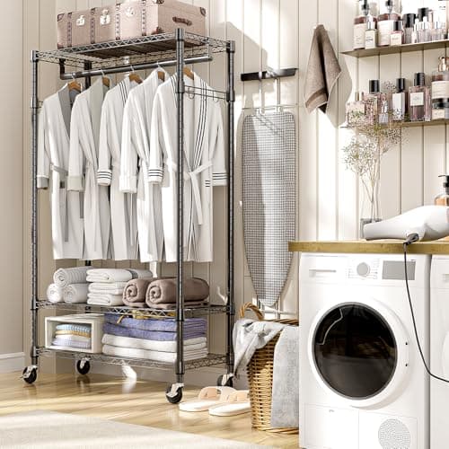 M MZG Heavy Duty Rolling Garment Rack 3 Tiers Adjustable Wire Shelving Clothes Rack with Rods and Side Hooks,Storage Closet Clothing Rack with Wheels Black 15.7" D x 29.5" W x 74.5" H 6