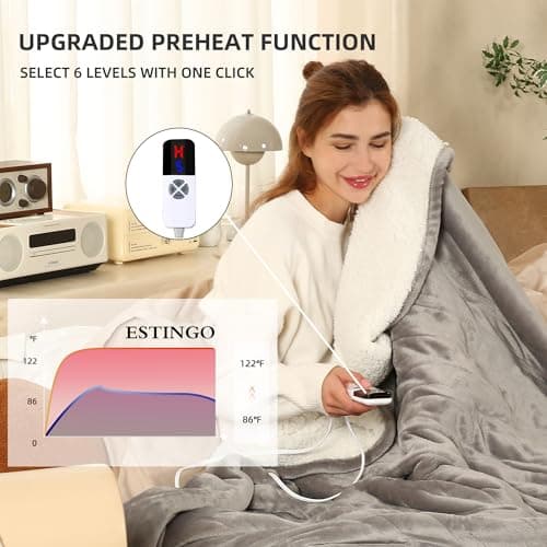 ESTINGO Heated Blanket Full Size, 72"x84" Electric Blanket with 6 Heating Levels & 1-10 Hours Adjustable Timer, Fast Heating Blanket with ETL & FCC Certification, for Full Body, Light Gray 6