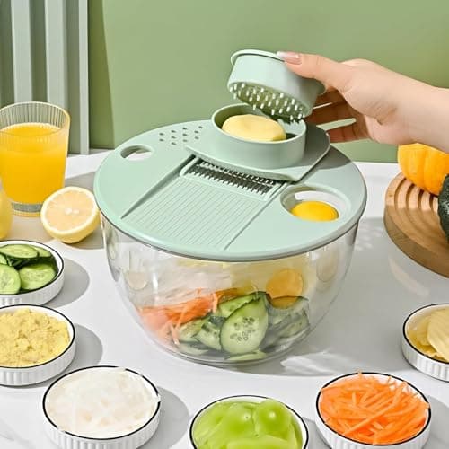 Airpro Salad Spinner Large, Vegetables Fruits Wash Bowl,Lettuce Spinner Pasta and Fries Dryer with 5 Blades,Egg Yolk Strainer Slicer Shredder for Kitchen Colander, 5.3 Qt, Green White 6