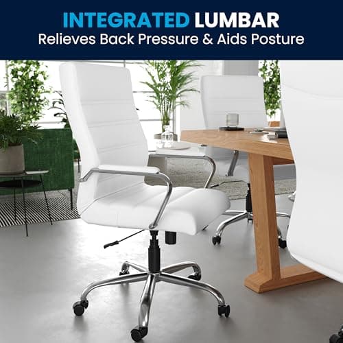 Flash Furniture Whitney High-Back Swivel LeatherSoft Desk Chair with Padded Seat and Armrests, Adjustable Height Padded Office Chair, White/Chrome 9