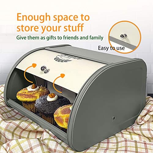 X458 Gray Bread Box Roll Top, Metal Bread Box for Kitchen Countertop, Large Space, Keeps Bakery Items Fresh Longer, Bread Bin for Kitchen Countertop, Breadbox to Store Cookies, Bagels, Muffins 5