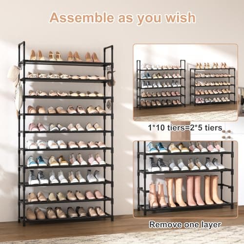 VTRIN 10 Tier Shoe Rack Tall Large Capacity 50 Pair Wide Shoe Organizer with Two Hooks Sturdy Metal Shoe Shelf for Entryway, Closet, Bedroom 5