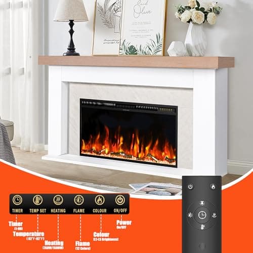Weyderk 62" Freestanding Electric Fireplace Mantel - Replaceable 36" Heater Insert, 1500W Realistic 3D Flame Effect & 15 LED Colors, Remote Control & Timer, Gary Marble Finish (Living Room/Bedroom) 9