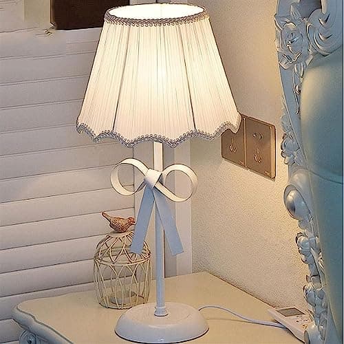 LTTKLMP Nordic White Pink Table Lamp for Girl's Bedroom Single Cute Bow Table Lamp with Fabric Shade Modern Decorative Bedside Light Coastal Bedside Table Kids Bedroom Reading Desk Lighting 2