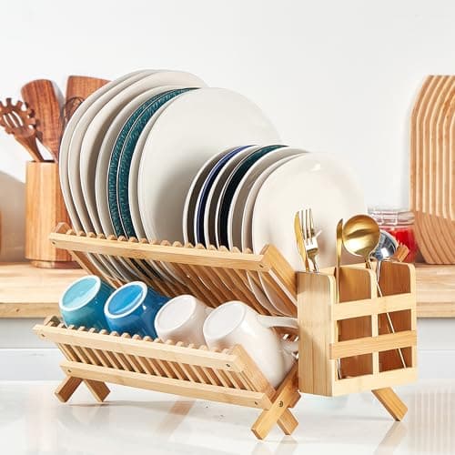 NOVAYEAH Bamboo Dish Drying Rack-2 Tier, Collapsible Small Dish Rack with Utensil Holder, Wooden Drying Rack for Kitchen Counter, Apartment Essentials Kitchen Plate Holder Organization 34 pcs Grid 7