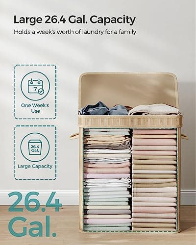 SONGMICS Laundry Hamper with Lid, Bamboo Laundry Basket, Removable Machine Washable Laundry Basket, with Handles, 26.4-Gallons, for Laundry Room, Bedroom, Bathroom, Natural Beige ULCB063N01 5