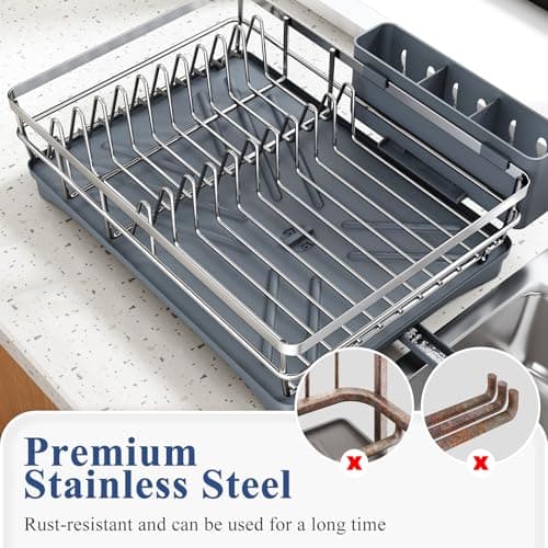 SNTD Dish Drying Rack for Kitchen Counter - Stainless Steel Dish Rack with Drainboard, Large Dish Drainer with Utensil Holder for Sink, Silver 6