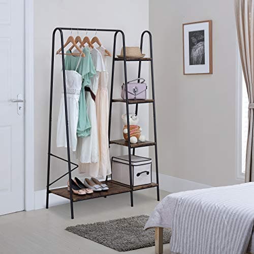 Finnhomy Rustic Clothes Rack, Clothing Rack for Hanging Clothes Heavy Duty Garment Rack with 5 Wood Shelves Freestanding Portable Closet Organizer for Bedroom/Entryway/Boutiques，Matte Black 5