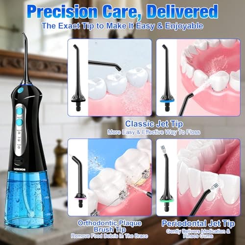 Water Dental Flosser Pick for Teeth: Cleaning and Flossing with 3 Mode from 30-100 Psi, Ipx7 Waterproof Portable Rechargeable Cordless Oral Irrigator for Adults Braces and Dental Care Home Travel 6