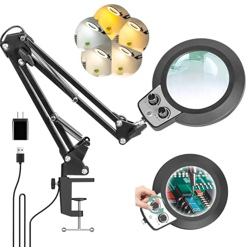 KMDES 10X Magnifying Glass with Light and Stand, Upgraded Any Color Modes & Stepless Dimming Magnifying Lamp, Hands Free LED Lighted Magnifier for Craft Repair Soldering Reading Close Work