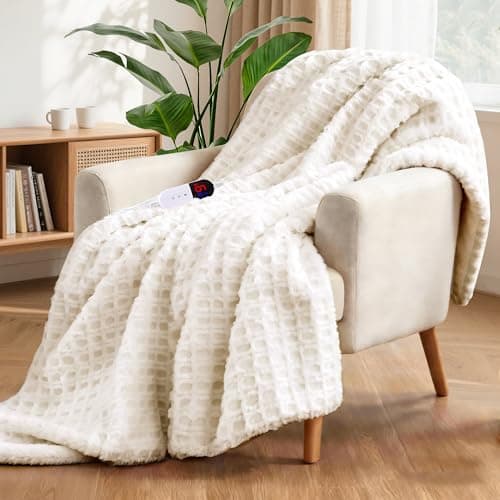 PTQ Waffle Heated Throw Blanket 50"x60" – Electric Blanket with 6 Heat Levels & 4 Timer Settings, Ultra-Soft Faux Fur & Sherpa, ETL Certified, Machine Washable, Ideal Gift for Women (Ivory/Cream)