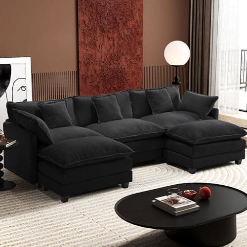 Ihanherry U-Shaped Modern Sofa 111.4" Modular Sectional Cloud Couch with 2 Ottoman, 5-Seat Chenille Deep Seat Sofa with 5 Pillows for Living Room, Black