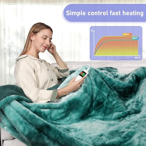 Cushious Electric Heated Blanket Throw 50''x60''Size Faux Fur Heating Blanket 10 Heating Settings, 1-8h Timer & Overheat Protection, Machine Washable, Soft Flannel and Sherpa Full Body Warmth 6