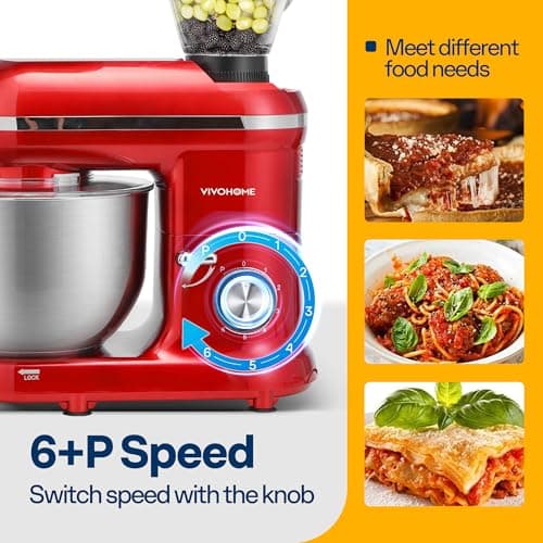 VIVOHOME 3-in-1 Stand Mixer, 6 Quart Electric Tilt-Head Kitchen Mixer with Bowl, Multifunctional Food Mixer with Meat Grinder and Blender Attachments, Dough Hook, Beater, and Whisk, Red 6