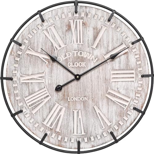 EMAX HOME 24 Inch Large Farmhouse Wall Clock, Rustic Antique Wood with Metal Circle and Large Engraved Numerals, Silent Battery Operated Wall Clock for Office Kitchen Bedroom Living Room 7