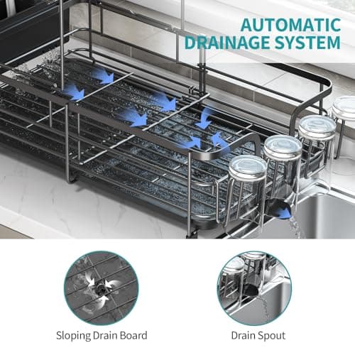Urackify 2 Tier Dish Drying Rack, Expandable Dish Rack for Kitchen Counter, Adjustable Over The Sink Dish Drainer, Large Multifunctional Dish Strainer with Removable Top Shelf for in Sink Use, Black 6