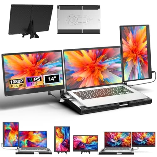 AOKER Laptop Triple Screen Extender - 14" Monitor IPS FHD 1080P HDMI USB-C Detachable Portable Display for 12-17.3 Inch Laptops Compatible with Windows Mac Chrome Surface Metal Base Travel Work Setup