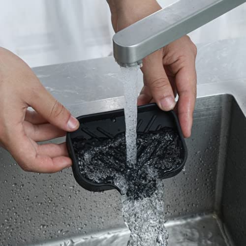 MicoYang Silicone Bathroom Soap Dishes with Drain Spout-Bathroom and Kitchen Sink Organizer,Sponge Holder,Dish Soap Tray,Perfect for Dispenser,Scrubber,Bottle,Cup on Sink or Counter-Black 4.9"×3.2" 7