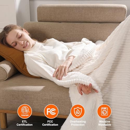 Zorvixia Electric Heated Blanket Thow 50''x60'' - Fast Heating Blanket Striped Pattern Flannel & Cuddly Sherpa Electric Blanket Throw with 5 Heat Settings & 4 Hour Auto Off, Great Gift to Elderly 5