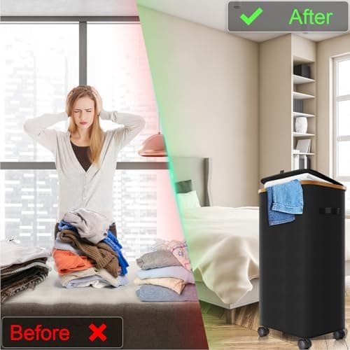 Laundry Hamper with Wheels,20 Gal (75L) Laundry Basket with lid Rolling Clothes Hamper Foldable Dirty Clothes Basket on wheels with Bamboo Frame and Bag for Bedroom, Dorm, Laundry Room-Black 7