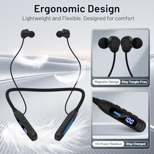 Podity Neckband Bluetooth Headphones, 1000H Extra Battery Life with Display Magnetic Earphones,Wireless Stereo Earbuds with Microphone, Waterproof in-Ear Headset for Sports/Workout/Office (Black) 7