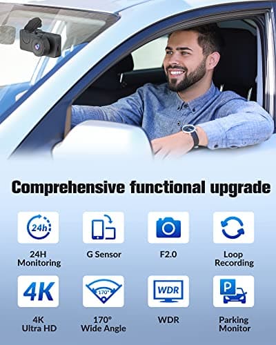 Dash Camera for Cars,4K Full UHD Car Camera Front Rear with 32GB Card,Built-in Super Night Vision,2.0'' IPS Screen,170°Wide Angle,WDR, 24H Parking Mode, Loop Recording. 6
