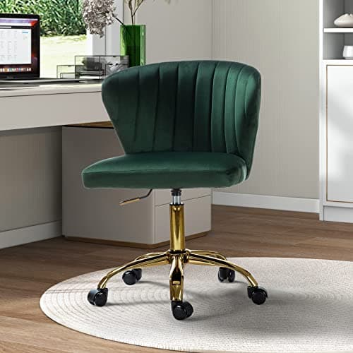 TINA'S HOME Office Desk Chairs with Wheels & Gold Base, Modern Velvet Cute Armless Office Chair, Adjustable Low Back Swivel Rolling Chair, Upholstered Task Chair for Living Room Vanity Study-Green