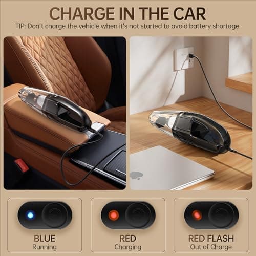 Handheld Vacuum Cordless, Rechargeable 8000PA, Car Vacuum Portable Cordless, Hand Vacuum Rechargeable, 3 in 1, Lightweight, Hand Held Vacuum Cleaner for Car Home Office, Pet Hair 4