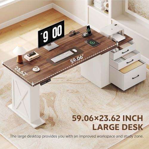 Homiflex 75.5 Inches Electric Standing Desk with Drawers Farmhouse Sit Stand Desk with Storage Adjustable Height Computer Desk with Power Outlets Printer Space for Home Office White and Walnut 7