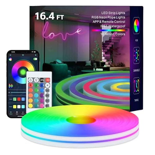 MFWW Neon Rope Lights, 16.4FT RGB LED Strip Lights, App Control, IR Remote, Outdoor IP67 Waterproof, Music Syncing, Flexible DIY Design for Bedroom, Gaming, Party, Christmas Decor