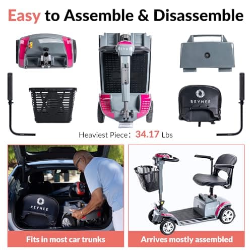 Reyhee Cruiser Powered Folding Mobility Scooters with Lengthened Legroom, 3.75MPH Max Speed & 15 Miles Range, 180W Electric Scooter for Adults Seniors with Height-Adjustable Seat (Black) 7