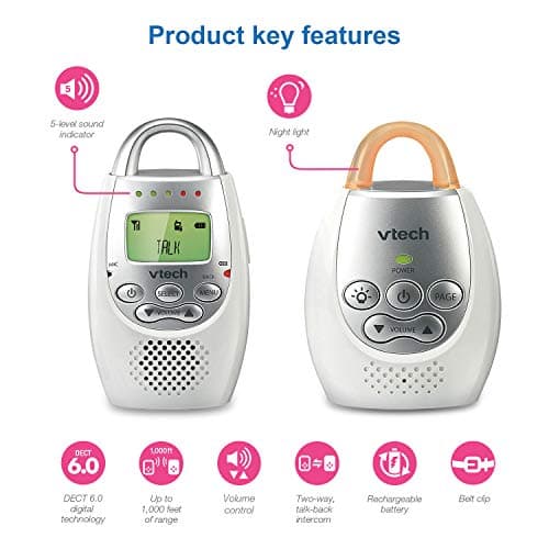 VTech Communications DM221 Audio Baby Monitor with up to 1,000 ft of Range, Vibrating Sound-Alert, Talk Back Intercom & Night Light Loop, White/Silver 8