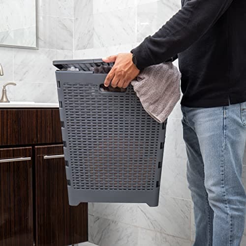 Mind Reader 61L Foldable Laundry Hamper, Clothes Basket, Lid, Wicker Design, Plastic, 18"L x 14.5"W x 21.25"H, Gray 6
