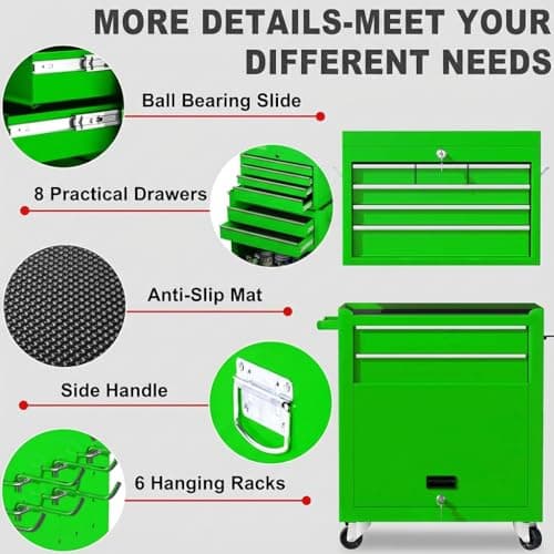 Dawmilon Tool Chest, 8-Drawer Rolling Tool Storage Cabinet with Wheels, Detachable Top Tool Box, and Locking Mechanism, Metal Barber Tool Cart with Liner and 6 Hooks for Garage, Workshop, Green 6