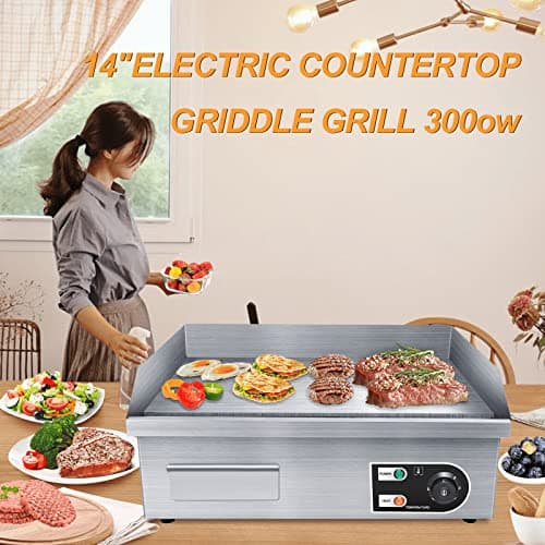 PROMOTOR 22" Electric Countertop Flat Top Griddle 1600W 110V Non-Stick Commercial Restaurant Teppanyaki Grill Stainless Steel Adjustable Temperature Control 50~300℃ 7
