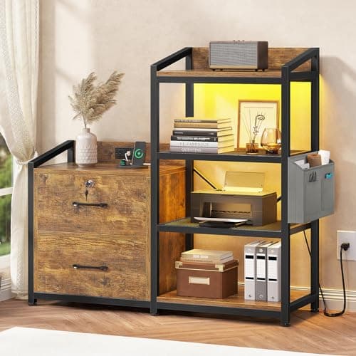 SEDETA 35.4” File Cabinet, Filing Cabinet fits Letter/A4 Size, 2 Drawe File Cabinets for Home Office with Power Strip, LED Lights, Lock, Open Shelf, Rustic Brown