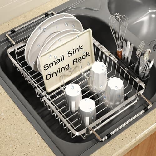 MAJALiS Expandable Stainless Steel Over The Sink Dish Drying Rack for Small Kitchen, Counter Space Saving, Hanging Compact RV Plate Drain Strainer in Silver Wire Metal with Adjustable Utensil Holder 10
