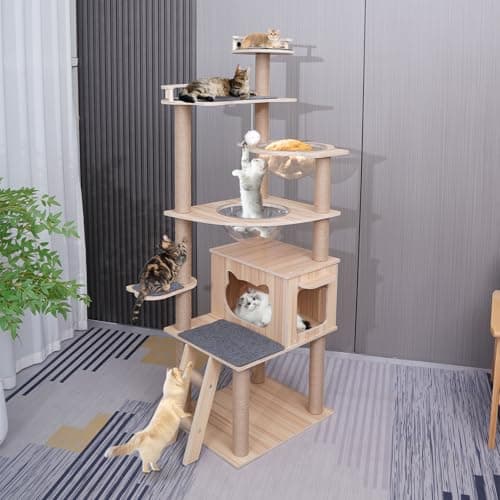 Cat Tree, Wood cat Tower with cat Carpet,Modern Cat Tree Tower for Indoor Cats - 67" Tall Wood Condo with Hammock, Scratching Post and Removable Pads for Small Large Cats