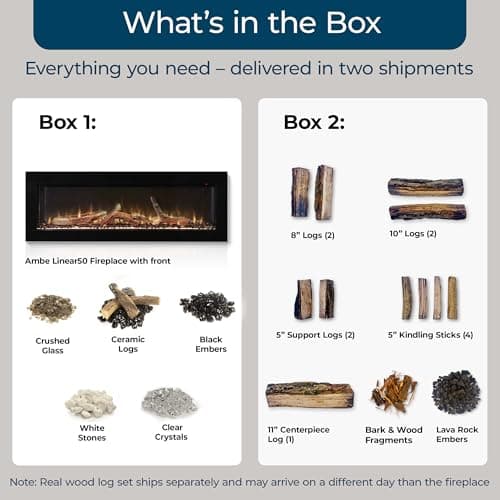 Ambe Linear 50" Electric Fireplace with Real Wood | Hidden Vent Design | Midwest Hardwood Log Set | Recessed or Built-in | Deep Realistic Ember Bed | Fireplace Insert Heater | Trim or Frameless 7