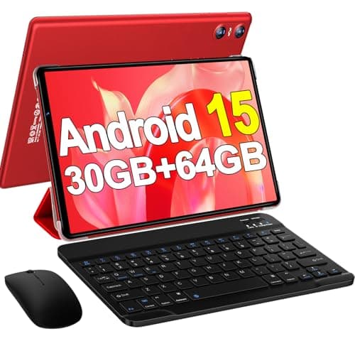 2025 Android 15 Tablet with Keyboard, 10.1 Inch Tablets FHD Display 30GB RAM 64GB ROM 1TB Expand, Octa-Core 2.0GHz, Widevine L1, 6000mAh Battery, 5G WiFi & GPS, Gemini AI, 2-in-1 Tableta PC - Red