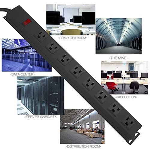 HHSOET Metal 8 Outlet Mountable Power Strip, Wall Mount Outlet Heavy Duty, Wide Spaced Commercial Shop Power Strip with Switch, 15A 125V 1875W, 6 FT SJT 14AWG Power Cord.(Black) 6