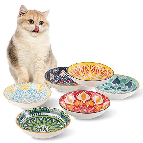 Ceramic Cat Bowls Set of 6 - Colorful/White Cute Shallow Cat Dishes - 5.75-Inch, Whisker Friendly and Wide - Microwave & Dishwasher Safe - 5.3 oz (250 ml) （Colorful 2 ）