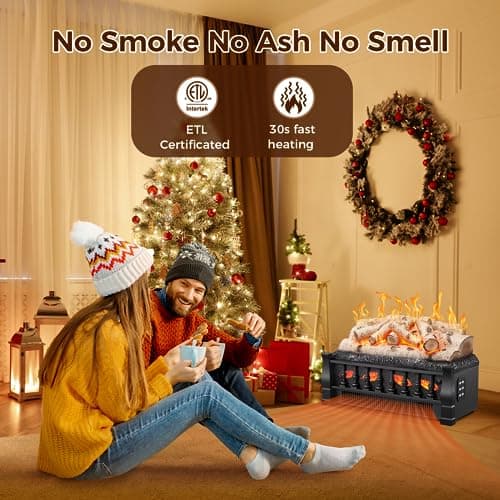 Joy Pebble Electric Fireplace Insert Log Heater 21",750W/1500W Adjustable 5 Flame Brightness,5 Speed Mode,Fireplace Insert with Realistic Ember Bed and Whitish Gray Log,Remote Control 6