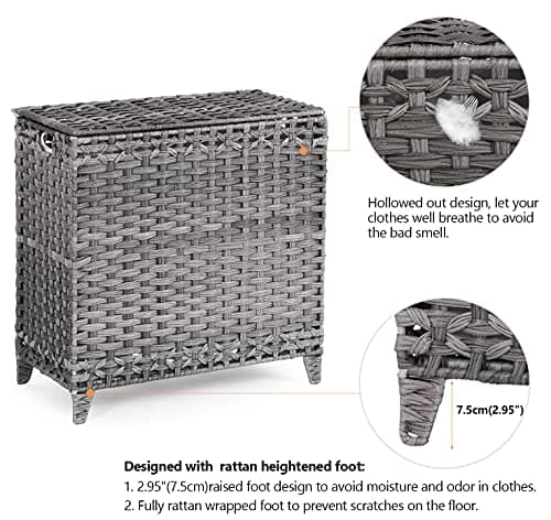 Laundry Hamper with 3 Removable Liner Bags; 132L Handwoven Rattan Laundry Basket with Lid & Heightened Feet; Clothes Hamper with Side Handles; Laundry Sorter with 3 Separate Sections (Gray) 5