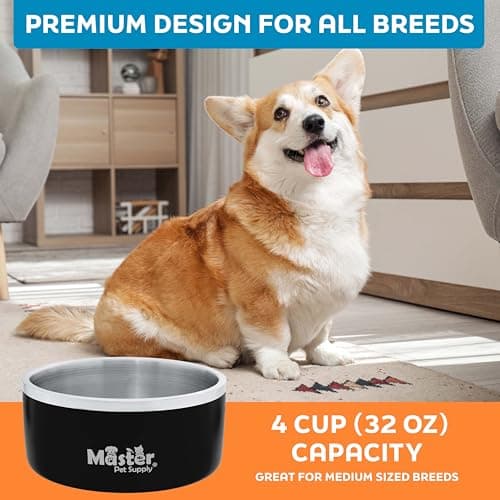 Master Pet Supply Stainless Steel Dog Bowls - 32 oz, Heavy Duty - Black Velvet, Double Wall Extra-Thick Insulated, Non-Slip Pet Water Bowl for Dogs, Cats & Pets, Anti Rust Metal, Dish Washer Safe 7