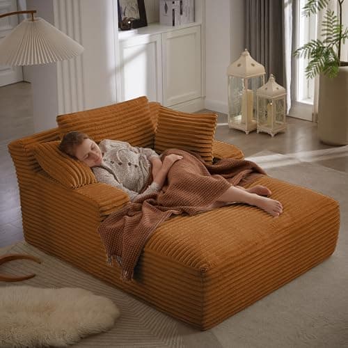 49.2" Full Foam Oversized Chaise Lounge Chair Cozy Cloud Couch, Modern Plush Corduroy Upholstered Sleeper Sofa Daybed with 3 Throw Pillows and Wide Armrest for Living Room, No Assembly Required