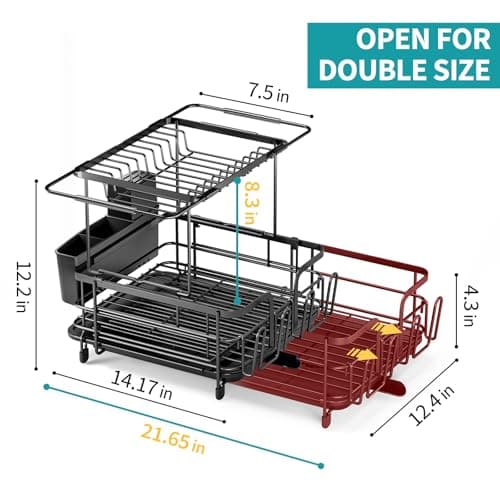 Urackify 2 Tier Dish Drying Rack, Expandable Dish Rack for Kitchen Counter, Adjustable Over The Sink Dish Drainer, Large Multifunctional Dish Strainer with Removable Top Shelf for in Sink Use, Black 9