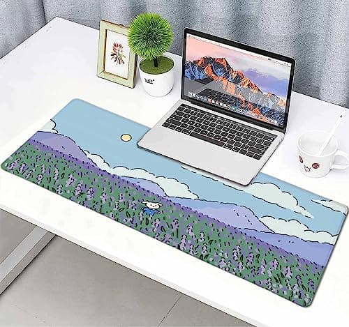 HUOCAIREN Anime Lavender Desk Mat, Cute Mousepad, Kawaii Landscape Japan Deskmat Mat, Green Purple Blue XL Large XXL Gaming Keyboard Mouse Pad 6