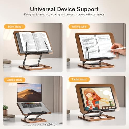 Book Stand for Reading, 360° Rotating Hands Free Book Holder, Adjustable Height and Angle, Page Clip for Cookbook, Recipe, Magazine, Laptop,Tablet, Foldable for Kitchen, Office, School 9